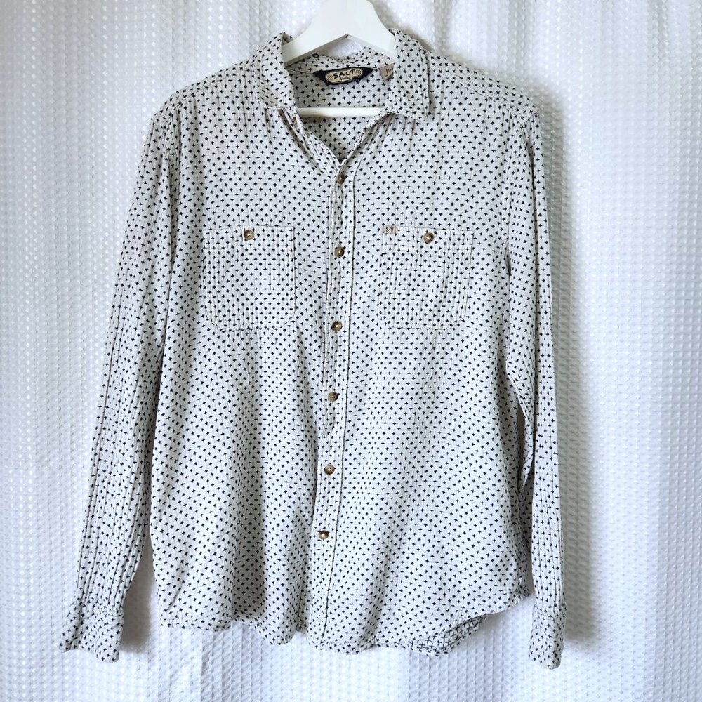 Salt Valley Mens Button Up Shirt Medium White and Blue Cross Stitch Geometric